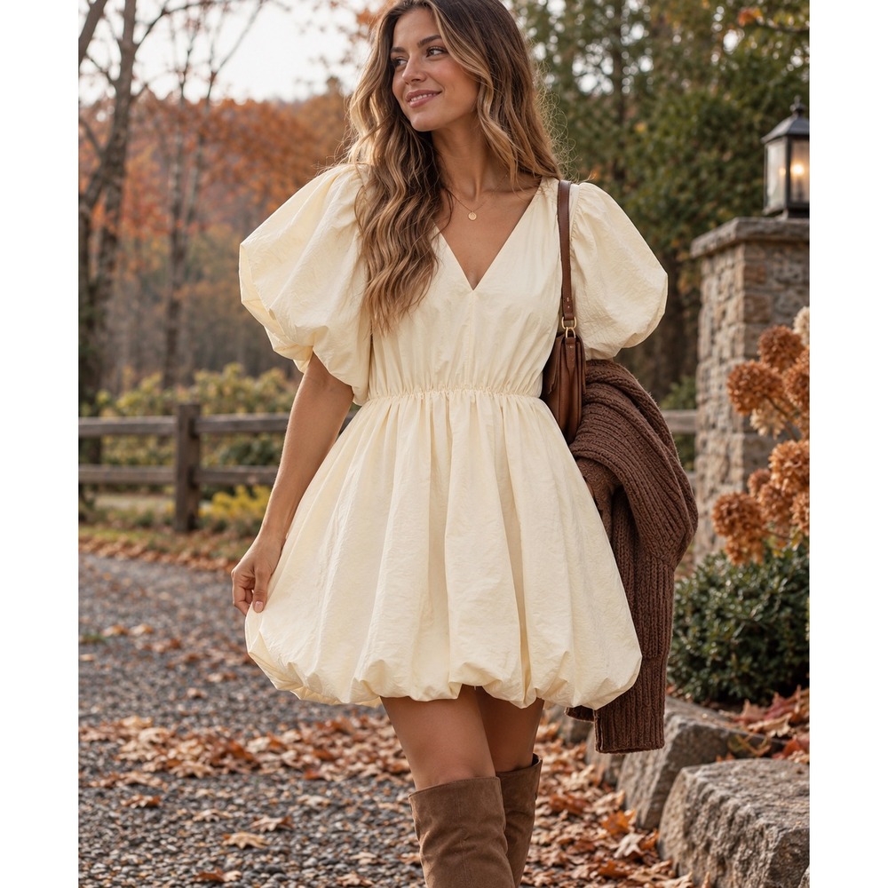 H&M Dress Womens Medium Cream Puff Sleeve Bubble Hem V-Neck Textured Mini